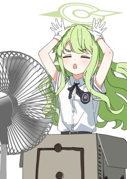 1girl absurdres belt black_ribbon blue_archive blush box closed_eyes electric_fan gloves green_hair green_halo halo highres hikari_(blue_archive) long_hair neck_ribbon open_mouth pointy_ears ribbon seero shirt sidelocks solo white_background white_gloves white_shirt