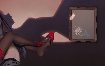 1boy 1girl absurdres bingchuan_xian_yu_huang black_jacket black_pants black_pantyhose breasts clothes_pull commentary highres jacket leg_lock male_rover_(wuthering_waves) medium_breasts nipples open_mouth pants pants_pull pantyhose phrolova_(wuthering_waves) picture_frame red_shoes rover_(wuthering_waves) sex shoes silhouette single_shoe toes wuthering_waves