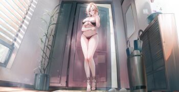 1girl absurdres bare_shoulders black_bra black_panties blonde_hair blush bra breasts cabinet cleavage collarbone commentary door elbow_carry feet from_below full_body groin hand_in_own_hair hand_up heart heart_in_eye high_heel_sandals highres holding indoors large_breasts large_variant_set legs light_particles long_hair looking_at_viewer lrrer mole mole_under_mouth multicolored_hair navel o-ring o-ring_bottom o-ring_top open_door original panties parted_bangs parted_lips plant pointy_ears potted_plant purple_eyes rug sandals sidelocks solo standing streaked_hair striped_clothes striped_panties symbol_in_eye thighs toes umbrella umbrella_stand underboob underwear variant_set white_streaks window window_blinds