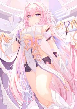 Rule 34 | 1girl, absurdres, bell, black shorts, blackheart`, boots, breasts, chinese commentary, commentary request, corset, diamond-shaped pupils, diamond (shape), elysia (herrscher of human: ego) (honkai impact), elysia (honkai impact), highres, honkai (series), honkai impact 3rd, large breasts, long hair, looking at viewer, multicolored hair, pink hair, purple eyes, short shorts, shorts, smile, solo, symbol-shaped pupils, thighs, two-tone hair, veil, very long hair, white boots, white corset, white hair, white veil