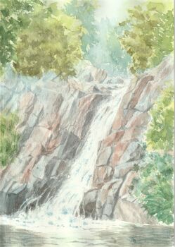 commentary_request day forest highres landscape nature no_humans original outdoors painting_(medium) paruperu river scenery traditional_media tree water watercolor_(medium) waterfall