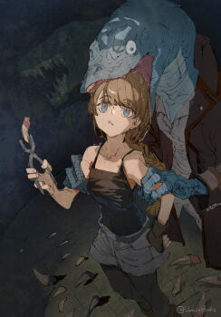 Rule 34 | 1girl, blue eyes, commentary, demizu posuka, fingerless gloves, gloves, highres, holding pliers, long hair, monster, original, pliers, scales, sharp teeth, teeth