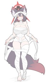 1girl absurdres alternate_costume amebrew animal_ear_fluff animal_ears bandage_on_hair bandaged_chest bandaged_head bandaged_leg bandaged_torso bandages barefoot black_hair blue_archive breasts colored_inner_hair covered_navel eyeshadow flower fox_ears fox_girl fox_tail full_body halloween halloween_costume halo highres large_breasts looking_at_viewer makeup multicolored_hair mummy mummy_costume naked_bandage red_eyeshadow red_halo smile solo tail tail_flower tail_ornament wakamo_(blue_archive) white_background