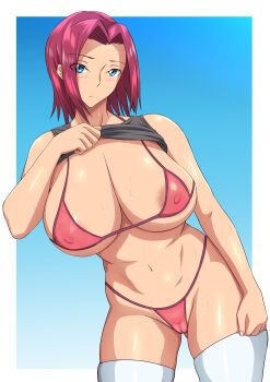1girl absurdres bikini blue_eyes blush breasts clothes_lift code_geass highres kouzuki_kallen large_breasts lifting_own_clothes looking_at_viewer red_hair shiny_skin shirt_lift short_hair solo swimsuit thighhighs toya_(yuyasilust)