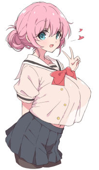 1girl aqua_eyes black_pantyhose black_skirt bocchi_the_rock! breasts commentary cropped_legs gotoh_michiyo hair_between_eyes hair_bun heart highres large_breasts looking_at_viewer mature_female mel_(melty_pot) midriff_peek navel pantyhose pink_hair sailor_collar shirt short_sleeves sidelocks simple_background skirt smile solo v white_background white_sailor_collar white_shirt