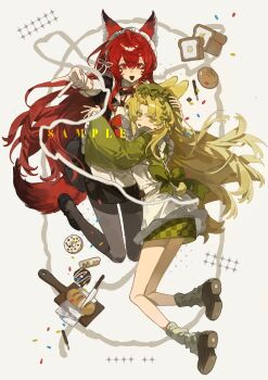 2girls absurdres animal_ear_fluff animal_ears apron argyle_clothes argyle_dress blonde_hair bow dress food fox_ears fox_tail full_body green_dress hair_between_eyes hair_ornament highres hug jumping long_hair long_sleeves looking_at_viewer looking_back multiple_girls open_mouth original pantyhose puffy_long_sleeves puffy_sleeves rabbit_ears rabbit_tail red_eyes red_hair shanchuanweishan shoes simple_background skirt smile socks tail white_apron yellow_eyes