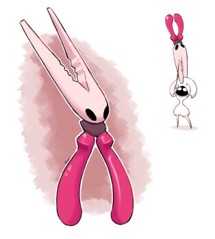 Rule 34 | 1girl, absurdres, anger vein, angry, arthropod girl, artist name, black skin, colored skin, full body, highres, holding, hollow eyes, hollow knight, hollow knight: silksong, hornet (hollow knight), lace (hollow knight), looking up, multiple views, pliers, raisin (artist), signature, standing