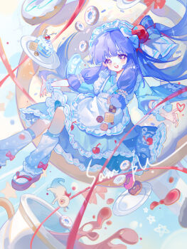 Rule 34 | 1girl, absurdres, apron, blue leg warmers, blunt bangs, blush, bow, cake, cake slice, cherry, colored eyelashes, dessert, dot nose, eyelashes, floating hair, food, foot out of frame, frills, fruit, full body, hair ornament, headdress, highres, leg warmers, liu letian, long hair, long sleeves, looking at viewer, maid, open mouth, original, pink bow, plate, purple eyes, purple hair, red ribbon, ribbon, sample watermark, solo, watermark, white apron, wide sleeves