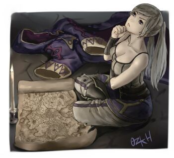 1girl belt breasts camisole candle cleavage closed_mouth female_focus female_robin_(fire_emblem) fire_emblem fire_emblem_awakening highres map nintendo ozkh sitting solo twintails white_hair