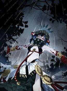 1girl absurdres aztec bare_shoulders black_hair blood blood_on_hands blue_hair bracer breasts cleavage closed_eyes cloud cloudy_sky cowboy_shot detached_collar facepaint fate/grand_order fate_(series) feathers headdress high_collar highres medium_hair multicolored_hair navel outdoors outstretched_arms rain regenerate0330 sky solo spread_arms tenochtitlan_(fate) tenochtitlan_(first_ascension)_(fate) tree