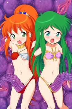 2girls armor armpits arms_up ayanokouji_rem bar_censor bare_shoulders between_thighs bikini bikini_armor bikini_pull blush cameltoe caron_(rall) censored clothes_pull commission commissioner_upload consensual_tentacles cream_lemon crossover dream_hunter_rem fugetsu_taku green_eyes green_hair grinding groin highres long_hair monster multicolored_bikini multiple_girls navel open_mouth orange_hair pink_bikini ponytail pussy rape red_bikini restrained sf_choujigen_densetsu_rall shoulder_armor side-tie_bikini_bottom skeb_commission stomach sweat swimsuit tentacle_between_legs tentacles thighs trait_connection two-tone_bikini