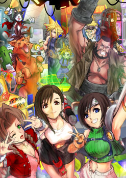4girls 6+boys absurdres aerith_gainsborough animal arcade armor ascot barret_wallace beads beard belt black_gloves black_hair black_skirt blonde_hair blue_eyes blue_jacket blue_shirt breasts brown_belt brown_eyes brown_hair brown_vest buster_sword buttons cait_sith_(final_fantasy) cape cat chest_strap choker cid_highwind cigarette_pack clawed_gauntlets cleavage cloak closed_mouth cloud_strife commentary creature crop_top cropped_jacket crown dark-skinned_male dark_skin dog_tags double_v dress elbow_gloves elbow_pads elena_(ff7) everyone facial_hair facial_mark facial_scar fangs final_fantasy final_fantasy_vii final_fantasy_vii_g-bike fingerless_gloves gloves goggles goggles_on_head green_eyes green_pants green_shirt grey_shorts grin gvdygdu hair_beads hair_ornament hand_on_another's_shoulder hand_on_own_hip headband highres holding holding_megaphone jacket large_breasts leaning_forward long_hair low_poly materia mature_male medium_breasts megaphone midriff mini_crown miniskirt multiple_boys multiple_girls navel one_eye_closed open_fly open_mouth orange_gloves pants parted_bangs pauldrons pink_dress prosthetic_weapon red_cape red_cloak red_hair red_headband red_jacket red_xiii reno_(ff7) ribbed_shirt ribbon_choker rude_(ff7) sabotender scar scar_across_eye scar_on_cheek scar_on_face shirt short_hair shorts shoulder_armor sidelocks silver_bangle single_bare_shoulder single_elbow_pad single_pauldron skirt sleeveless sleeveless_shirt sleeveless_turtleneck smile spiked_hair suspenders sword sword_on_back tifa_lockhart turtleneck upper_body v very_short_hair vest vincent_valentine weapon weapon_on_back white_ascot white_gloves white_shirt yuffie_kisaragi