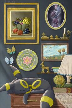 apple applin bird black_fur book bounsweet bowl bug butterfly candle charm_(object) chest_of_drawers closed_eyes closed_mouth cobalion cup doduo duck ducklett fletchling flower food fruit gen_1_pokemon gen_2_pokemon gen_3_pokemon gen_5_pokemon gen_6_pokemon gen_7_pokemon gen_8_pokemon grapes highres insect lamp legendary_pokemon lunatone lying nintendo no_humans omochi_(aoi_guruguru) on_stomach painting_(object) pidgey plate pokemon pokemon_(creature) sinistea sleeping swan swanna tail teacup umbreon vivillon