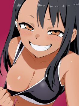 1girl anime_coloring black_hair black_sports_bra blush breasts brown_eyes clothes_pull collarbone commentary_request earclip fang grin highres ijiranaide_nagatoro-san long_hair looking_at_viewer medium_breasts migikoba nagatoro_hayase naughty_face nipples one_breast_out pink_background pulling_own_clothes sidelocks smile solo sports_bra sports_bra_pull tan