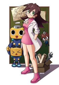 &gt;_&lt; 1girl :d box breasts brown_hair cardboard_box closed_eyes closed_mouth commentary commentary_request deniacp dress earrings english_commentary eyelashes green_eyes hand_in_pocket hand_on_own_stomach highres jacket jewelry lab_coat long_hair mega_man_(series) mega_man_legends_(series) official_alternate_costume open_clothes open_jacket open_mouth pink_dress pink_shoes robot round_eyewear scientist servbot_(mega_man) shadow shoes simple_background skull_earrings smile standing the_misadventures_of_tron_bonne tron_bonne_(mega_man) watermark web_address white_background white_jacket wrench