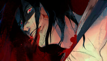 1boy ashina_genichirou black_hair blood blood_from_neck blood_on_face blood_on_neck bloody_weapon color_contrast cuts highres injury male_focus piyomotsu portrait red_eyes scar scar_on_face sekiro:_shadows_die_twice stab sword teeth weapon