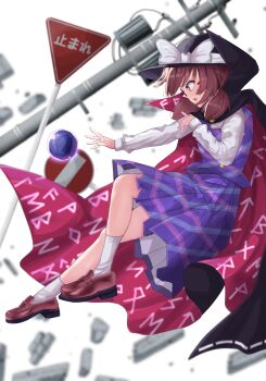 Rule 34 | 1girl, black cloak, black hat, bow, brown eyes, brown hair, brown shoes, cloak, clothes writing, commentary request, debris, dinotodon, floating, hat, hat bow, highres, long sleeves, orb, plaid clothes, plaid skirt, plaid vest, purple skirt, purple vest, red-framed eyewear, ribbon-trimmed cloak, road sign, runes, shirt, shoes, sideways mouth, sign, skirt, socks, solo, sumino takumi, touhou, twintails, usami sumireko, utility pole, vest, white bow, white shirt, white socks