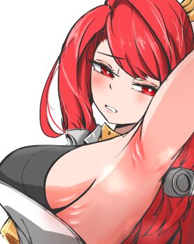 1girl arm_up armpit_focus armpits aurostella black_shirt blazblue blush breasts hair_ornament highres izayoi_(blazblue) large_breasts long_hair red_eyes red_hair shirt sideboob sleeveless solo steam swept_bangs tsubaki_yayoi white_background