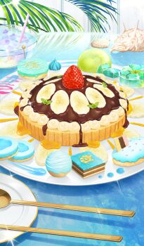 Rule 34 | banana, banana slice, chocolate syrup, commentary, conch, dessert, fate/grand order, fate (series), food, food focus, food request, fruit, garnish, johanna-san to mikakunin no ai, kuraha (lasengle), mint, no humans, official art, plate, scallop, seashell, shell, sparkle, spoon, still life, strawberry, table, third-party source