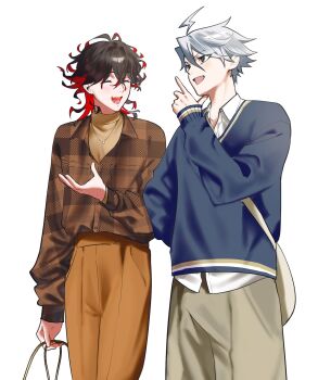 2boys ahoge black_eyes black_hair closed_eyes colored_inner_hair commentary_request cowboy_shot curly_hair dante_alighieri_(fate) fate/grand_order fate_(series) grey_hair highres hina_nnn james_moriarty_(ruler)_(fate) long_sleeves male_focus medium_hair multicolored_hair multiple_boys open_mouth red_hair shirt short_hair simple_background smile sweater turtleneck two-tone_hair white_background