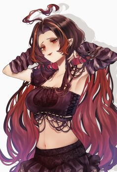 1girl ahoge arm_warmers arms_up bangohan_tsubuyakitarou black_hair black_shirt black_skirt commentary_request cropped_shirt frilled_skirt frills highres limbus_company long_hair multicolored_hair nicolina_(project_moon) project_moon red_eyes red_hair shirt simple_background skirt solo streaked_hair striped_arm_warmers very_long_hair white_background