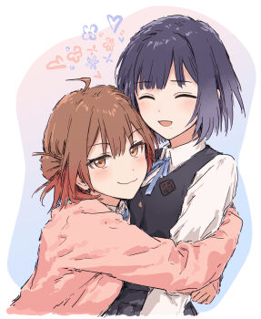 Rule 34 | 2girls, :3, :d, ^ ^, ahoge, black hair, black vest, blue background, blue ribbon, blush, border, brown eyes, brown hair, cardigan, closed eyes, closed mouth, collared shirt, commentary request, gakuen idolmaster, gradient background, gradient hair, hanami ume, hataya misuzu, hatsuboshi gakuen school uniform, heart, highres, hug, idolmaster, long sleeves, looking at viewer, medium hair, mole, mole under eye, multicolored hair, multiple girls, neck ribbon, open mouth, pink background, pink cardigan, ribbon, school uniform, shirt, smile, smug, vest, white border, white shirt, yukitake (bullfalk)