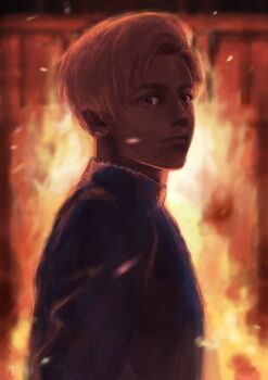 Rule 34 | 1boy, blonde hair, blue jacket, chi.: chikyuu no undou ni tsuite, closed mouth, fire, highres, jacket, k05062688, lips, looking at viewer, looking to the side, male focus, nose, rafal (chi.), short hair, solo, upper body