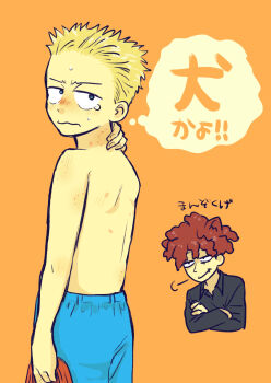 20th_century_fox age_difference annoyed back bare_back bart_simpson bite_mark blush chawako_(spchawanmushi) child colored_skin embarrassed fang hickey highres male_focus messy_hair no_shirt shorts shorts_only shota sideshow_bob smile spiked_hair tears the_simpsons yaoi yellow_skin