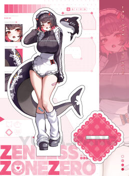 1girl absurdres ace_(playing_card) ace_of_spades alternate_costume apron arm_behind_head bandaid bandaid_on_leg black_hair black_jacket black_shoes blush bow breasts card colored_inner_hair commentary_request ellen_joe fake_horns fake_wings fins fish_tail full_body grid_background hair_ornament highres horns jacket large_breasts leg_warmers looking_at_viewer maid maid_apron maid_headdress mini_wings mole mole_under_eye multicolored_hair multiple_views open_mouth outline pink_theme playing_card raised_eyebrow razor_blade_hair_ornament red_bow red_eyes revision scar scar_on_tail shark_girl shark_tail shoes short_hair simple_background solo spade_(shape) tail thighs unconventional_maid white_apron white_background white_leg_warmers white_outline wings yuna_(deadawon) zenless_zone_zero zipper