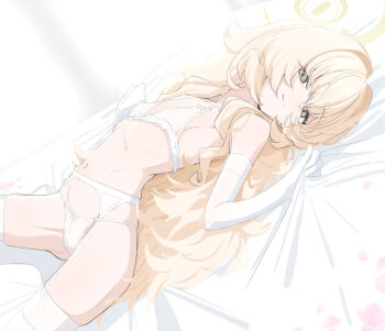 1girl bed_sheet blonde_hair blue_archive bow bow_panties bra donutman elbow_gloves flat_chest fluffy_hair frilled_bra frills garter_belt garter_straps gloves green_eyes halo highres loli long_hair looking_at_viewer lying navel on_back on_bed panties professor_niyaniya_(blue_archive) sheet_grab smile solo thighhighs underwear underwear_only very_long_hair white_bra white_garter_belt white_garter_straps white_gloves white_panties white_thighhighs yellow_halo