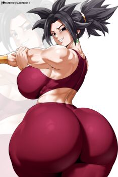 1girl absurdres arcedo ass breasts curvy dragon_ball dragon_ball_super earrings female_focus from_behind fusion highres huge_ass huge_breasts jewelry kefla_(dragon_ball) looking_at_viewer medium_hair muscular muscular_female ponytail potara_earrings solo spiked_hair thick_thighs thighs wide_hips