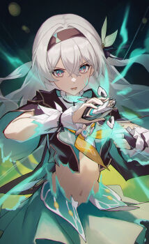 1girl absurdres aqua_pupils aqua_skirt black_hairband black_jacket breasts bridal_gauntlets commentary_request cowboy_shot cropped_jacket dissolving_clothes firefly_(honkai:_star_rail) floating_hair glowing glowing_veins grey_hair hair_between_eyes hair_ornament hairband hands_up henshin henshin_pose highres holding honkai:_star_rail honkai_(series) jacket long_hair long_sleeves looking_at_viewer lower_teeth_only medium_breasts multicolored_eyes navel neckerchief open_mouth orange_neckerchief purple_eyes shali shirt simple_background single_bridal_gauntlet skirt solo teeth two-tone_eyes white_shirt