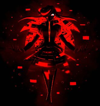 1girl aged_up alternate_design borrowed_design commentary english_commentary full_body glitch hair_over_one_eye limited_palette long_hair neo_sage_(sonic) outstretched_arms pocho22059768 puffy_short_sleeves puffy_sleeves red_eyes sage_(sonic) short_sleeves skirt solo sonic_(series) very_long_hair