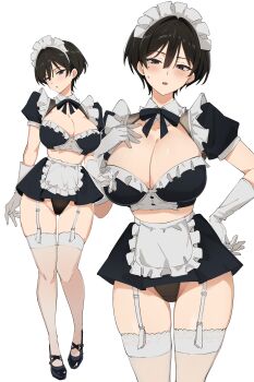 1girl absurdres apron black_hair black_panties black_shirt black_shoes black_skirt blue_eyes blush breasts cleavage commentary_request cowboy_shot crop_top earrings elbow_gloves full_body garter_straps gloves hair_between_eyes hand_on_own_chest high-waist_skirt highres jewelry large_breasts looking_at_viewer maid maid_headdress midriff miniskirt mole mole_under_eye multiple_views original panties parted_lips pen_guin15 puffy_short_sleeves puffy_sleeves shirt shoes short_hair short_sleeves simple_background skirt small_sweatdrop standing stud_earrings underwear waist_apron white_apron white_background white_gloves