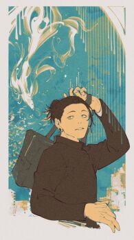 1boy animal arms_up bag black_bag black_hair black_jacket border commentary cropped_torso earrings fish getou_suguru hair_bun highres holding holding_bag jacket jewelry jujutsu_kaisen layered_sleeves long_sleeves looking_up male_focus mim_(mimya0600) parted_lips piercing sanpaku single_hair_bun solo stud_earrings teeth white_border