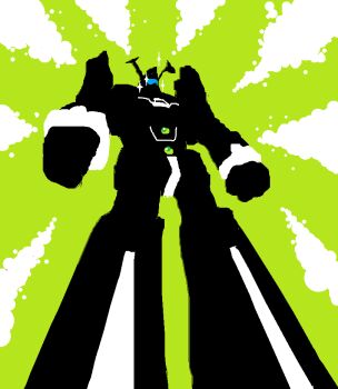 antennae assault_visor blue_visor densetsu_kyojin_ideon from_below green_background ideon ideon_gauge kawoshiki mecha mecha_focus no_humans robot silhouette