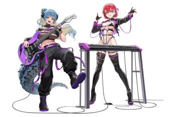 Rule 34 | abs, aiguillette, aqua eyes, aqua hair, aqua nails, armband, belt, belt boots, black belt, black boots, black bra, black collar, black gloves, black horns, black jacket, black pants, black shirt, black sleeves, black thighhighs, blonde hair, blunt bangs, blunt ends, boots, bow, bow bra, bra, breasts, breasts apart, chain, chain bracelet, collar, colored inner hair, crop top, cropped jacket, detached sleeves, diamond-shaped pupils, diamond (shape), dragon girl, dragon horns, dragon tail, ear piercing, earrings, electric guitar, fafnir (last origin), fang, fishnet thighhighs, fishnet top, fishnets, flame print, flower, frilled boots, frills, full body, gloves, gluteal fold, gold chain, gradient eyes, guitar, hair between eyes, hair flower, hair ornament, hair rings, hairband, half gloves, harness, high heel boots, high heels, highleg, highres, hime cut, holding, holding guitar, holding instrument, holding plectrum, hoop earrings, horns, huge breasts, instrument, jacket, janghwa (last origin), jewelry, keyboard (instrument), large tail, last origin, leg up, lips, long hair, looking at viewer, mechanical horns, mechanical tail, medium breasts, mole, mole under eye, multicolored eyes, multicolored hair, multicolored jacket, muscular, muscular female, music, nail polish, navel, non-web source, o-ring, o-ring thigh strap, official alternate costume, official art, open clothes, open jacket, open mouth, pants, parted lips, piercing, pink eyes, playing instrument, plectrum, ponytail, purple armband, purple belt, purple boots, purple bow, purple flower, purple jacket, purple rose, red hair, ring, rose, shirt, short hair, simple background, single detached sleeve, smile, standing, standing on one leg, star (symbol), star sticker, sticker, sticker on face, string bra, stud earrings, studded armlet, symbol-shaped pupils, tachi-e, taesi, tail, teeth, thigh boots, thigh strap, thighhighs, torn clothes, torn shirt, transparent background, two-tone jacket, two side up, underboob, underwear, v-shaped eyebrows, yellow eyes