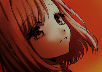 1girl 2000s_(style) absurdres close-up commentary_request film_grain floating_hair gradient_background grin head_tilt highres looking_at_viewer orange_background parody parted_bangs protagonist_(tokimemo_gs4) raised_eyebrows sasar1211 sayonara_wo_oshiete short_hair smile solo tokimeki_memorial tokimeki_memorial_girl&#039;s_side tokimeki_memorial_girl&#039;s_side_4th_heart