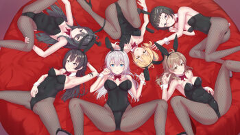 6+girls alisa_mikhailovna_kujou animal_ears ass black_hair black_leotard blonde_hair blue_eyes bow bowtie breasts brown_eyes brown_hair detached_collar fake_animal_ears fake_tail fishnet_leotard fishnets from_above hair_ornament hairclip highres kimishima_ayano leotard long_hair looking_at_viewer mariya_mikhailovna_kujou miyamae_nonoa multiple_girls okina_(805197) playboy_bunny rabbit_ears rabbit_tail red_bow red_bowtie short_hair siblings sisters strapless strapless_leotard suou_yuki tail taniyama_sayaka thighs tokidoki_bosotto_roshia-go_de_dereru_tonari_no_alya-san white_hair white_wrist_cuffs wrist_cuffs yellow_eyes