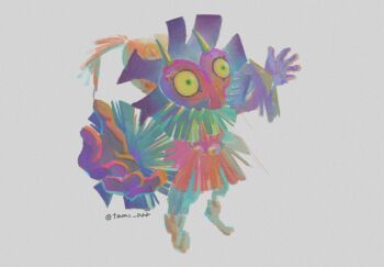 1boy arms_up boots brown_boots brown_gloves full_body gloves hat highres majora_(entity) male_focus mask nintendo outstretched_arms pants skull_kid solo tama_222 the_legend_of_zelda the_legend_of_zelda:_majora&#039;s_mask tunic twitter_username