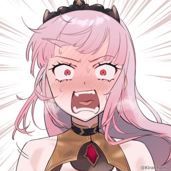 1girl black_tiara blush commentary embarrassed emphasis_lines english_commentary full-face_blush hololive hololive_english kirachamo long_hair mori_calliope mori_calliope_(1st_costume) pink_eyes pink_hair solo sweat teeth tiara virtual_youtuber white_background