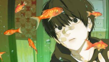 1boy animal bandaid bandaid_on_cheek bandaid_on_face bandaid_on_neck bandaid_on_nose black_eyes black_hair black_hoodie fish fish_tank gin_(euneunun) highres hood hood_down hoodie looking_at_animal male_focus original short_hair species_request
