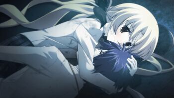 1boy 1girl antenna_hair arms_around_neck between_breasts black_bow black_ribbon blazer blue_hair bow bowtie breasts brown_jacket buttons chaos;head chaos;head_love_chu_chu! closed_eyes closed_mouth collared_shirt couple dirty dirty_clothes ears_visible_through_hair earthquake flat_chest game_cg hair_bow hair_ribbon head_between_breasts head_hug hetero hug jacket light_blush long_hair long_sleeves lying matsuo_yukihiro nishijou_takumi official_art on_ground on_side orihara_kozue plaid_bow plaid_bowtie plaid_clothes plaid_skirt pleated_skirt purple_bow purple_bowtie purple_skirt red_trim ribbon school_emblem school_uniform science_adventure shirt skirt smile suimei_academy_school_uniform suimei_school_uniform swept_bangs twintails white_shirt