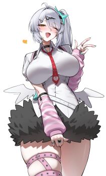 1girl ;o absurdres ahoge black_skirt breasts chinatsu_remiel chinatsu_remiel_(cosplay) commentary cosplay hair_bun highres large_breasts looking_at_viewer mintz912 one_eye_closed pink_arm_warmers side_ponytail simple_background single_hair_bun skindentation skirt solo symbol-only_commentary thigh_strap thighs white_background yellow_eyes yixuan_(zenless_zone_zero) zenless_zone_zero