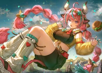 ahoge animal_ears bike_shorts bike_shorts_under_skirt black_shorts black_skirt braid breasts burger cable_knit cow_ears cow_horns cow_tail crop_top detached_sleeves ear_bell food food_on_face genshin_impact green_streaks hair_ornament hairband highres horns large_breasts leg_warmers long_hair looking_at_viewer midriff mira_(345toron) multicolored_hair open_mouth pink_hair pink_shoes purple_eyes shoes shorts skirt streaked_hair tail teeth twin_braids varesa_(genshin_impact) very_long_hair white_leg_warmers