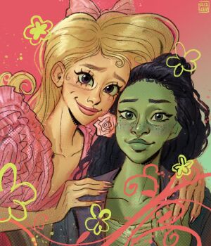 2girls artist_logo black_hair black_jacket blonde_hair bow chromatic_aberration colored_skin commentary drawn_flower dreadlocks dress elphaba_thropp english_commentary eyelashes fingernails flourish_(design) freckles frilled_dress frills frutiger_metro good_witch_of_the_north green_background green_eyes green_skin hair_behind_ear hair_bow hair_slicked_back half_up_bun halftone hands_on_another&#039;s_shoulders hashtag-only_commentary heads_together jacket logo long_fingernails long_hair looking_at_viewer multiple_boys multiple_girls pink_background pink_bow pink_dress pink_lips pink_nails purple_eyes raised_inner_eyebrows skcd_loen smile thick_lips two-tone_background upper_body v-neck wicked