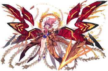 Rule 34 | armored gloves, artery gear, artery gear: fusion, blue dress, claws, dress, floating, floating object, floating weapon, hair ornament, halo, highres, jewelry, long hair, mecha musume, mechanical halo, mechanical wings, official art, open mouth, purple hair, rigging, thighlet, wing hair ornament, wings, xingyao liu (artery gear), yellow eyes, zhu fun