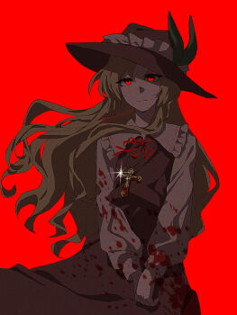 1girl artist_name black_hat black_skirt black_vest blonde_hair blood blood_on_clothes blood_on_hands closed_mouth cross cross_necklace expressionless floating_hair frilled_shirt_collar frills hat jacket_girl_(dipp) jewelry jun_jun_0319 long_hair long_sleeves looking_at_viewer neck_ribbon necklace red_background red_eyes red_ribbon ribbon shirt simple_background skirt solo touhou twitter_username variant_set very_long_hair vest white_shirt