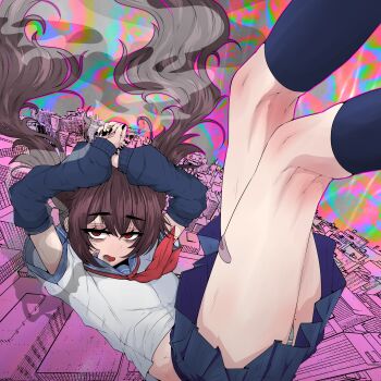 Rule 34 | 1girl, absurdres, arm warmers, arms up, bandaid, bandaid on cheek, bandaid on face, bandaid on leg, blue arm warmers, blue skirt, brown hair, cigarette, colorful background, commentary, english commentary, falling, feet out of frame, hair between eyes, highres, holding, holding cigarette, kneepits, legs up, long hair, looking at viewer, mayoa, midair, miniskirt, mole, mole on thigh, neckerchief, open mouth, original, panties, panty peek, pleated skirt, red eyes, red neckerchief, shirt, skirt, smoke, smoke trail, smoking, solo, twintails, underwear, white shirt