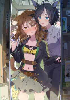 Rule 34 | 5girls, :d, ^ ^, absurdres, ahoge, animal ears, belt, black hair, black jacket, black necktie, black pants, black skirt, blue eyes, blush, breasts, brown belt, brown hair, center frills, cleavage, closed eyes, commentary, ear ornament, frills, fuji kiseki (shooting star revue) (umamusume), fuji kiseki (umamusume), full-length mirror, hair ornament, hairclip, highres, horse ears, horse girl, indoors, jacket, jungle pocket (champion's battle cry) (umamusume), jungle pocket (umamusume), komeko97, long hair, long sleeves, mai (umamusume), medium breasts, mirror, multicolored hair, multiple girls, navel, necktie, open mouth, pants, photo (object), puffy short sleeves, puffy sleeves, purple shirt, ru (umamusume), school uniform, shima (umamusume), shirt, short sleeves, skirt, small breasts, smile, strapless, streaked hair, summer uniform, symbol-only commentary, tanabe trainer, tracen school uniform, trainer (umamusume), trophy, tube top, umamusume, umamusume: beginning of a new era, white hair, white shirt, yellow eyes